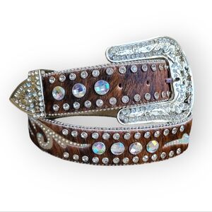 Nocona Women's Calf Hair On Hide Rhinestone Leather Western Belt Brown Silver M